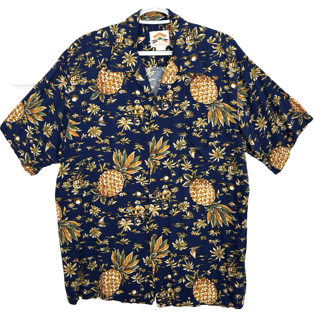 Vtg Pineapple Juice All Over Blue Rayon Tiki Hawaiian Shirt Short Sleeve FLAW